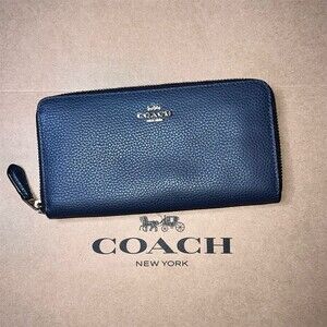 COACH Long Zip-Around Navy Pebble Leather Wallet with Gold Hardware AUTHENTIC